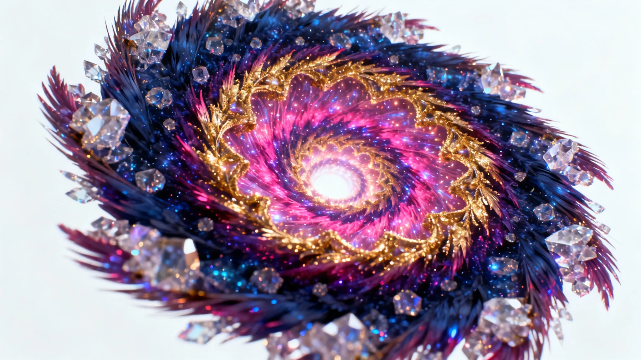 A highly detailed and colorful fractal art image displaying intricate, spiraling patterns in blue, magenta, and gold against a stark white background.