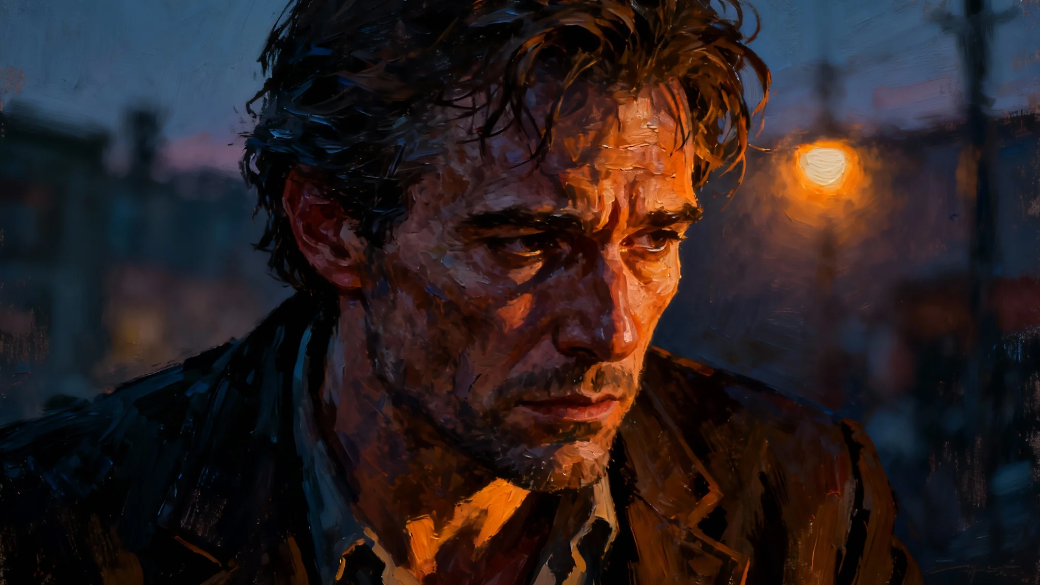 A character portrait of a detective created in the distinctive, painterly impasto style of the video game Disco Elysium, showing the subject in a moody, atmospheric setting.