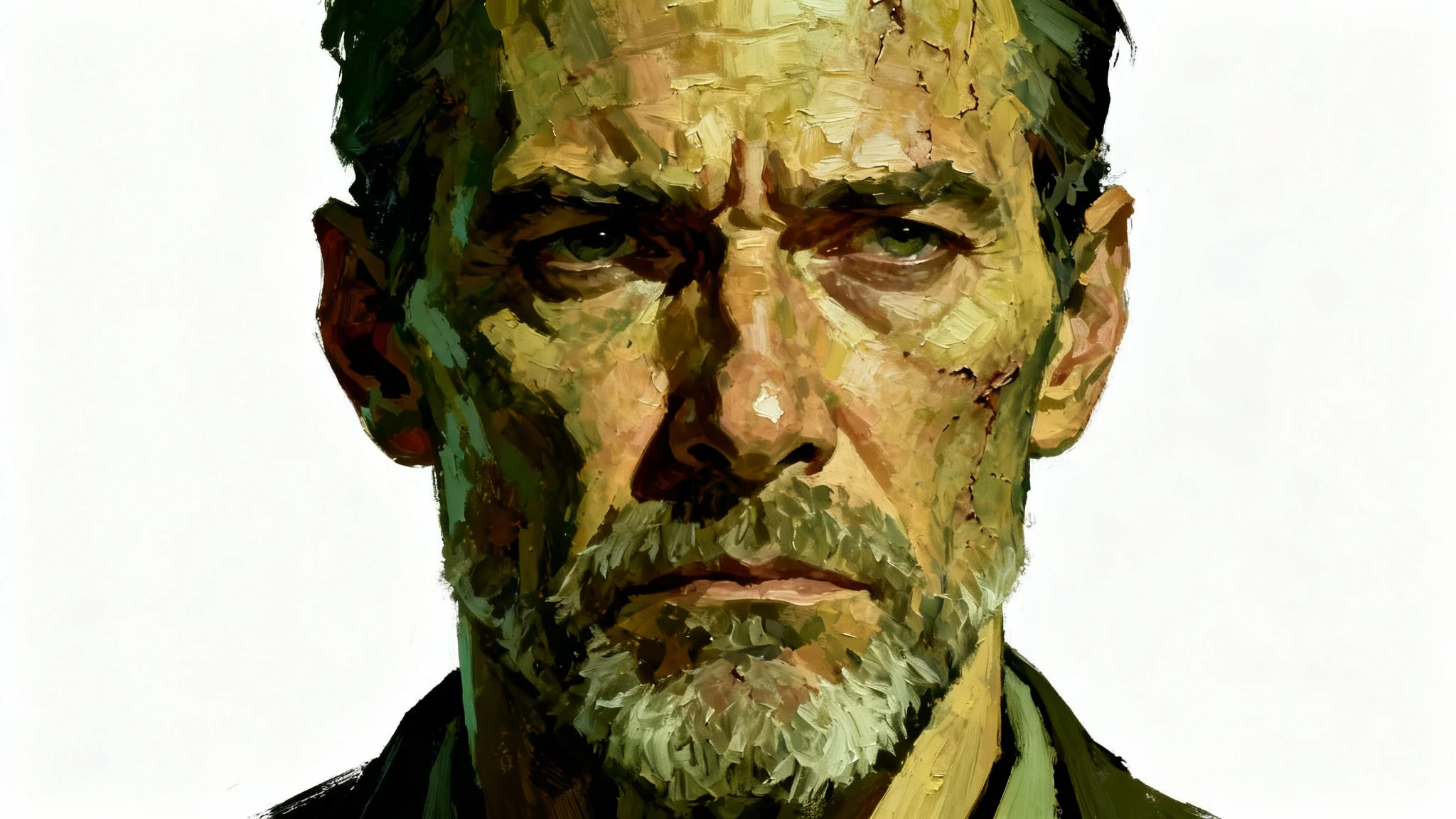 An expressive, painterly portrait of a weary detective rendered in the gritty, impasto art style of Disco Elysium, isolated on a clean white background.