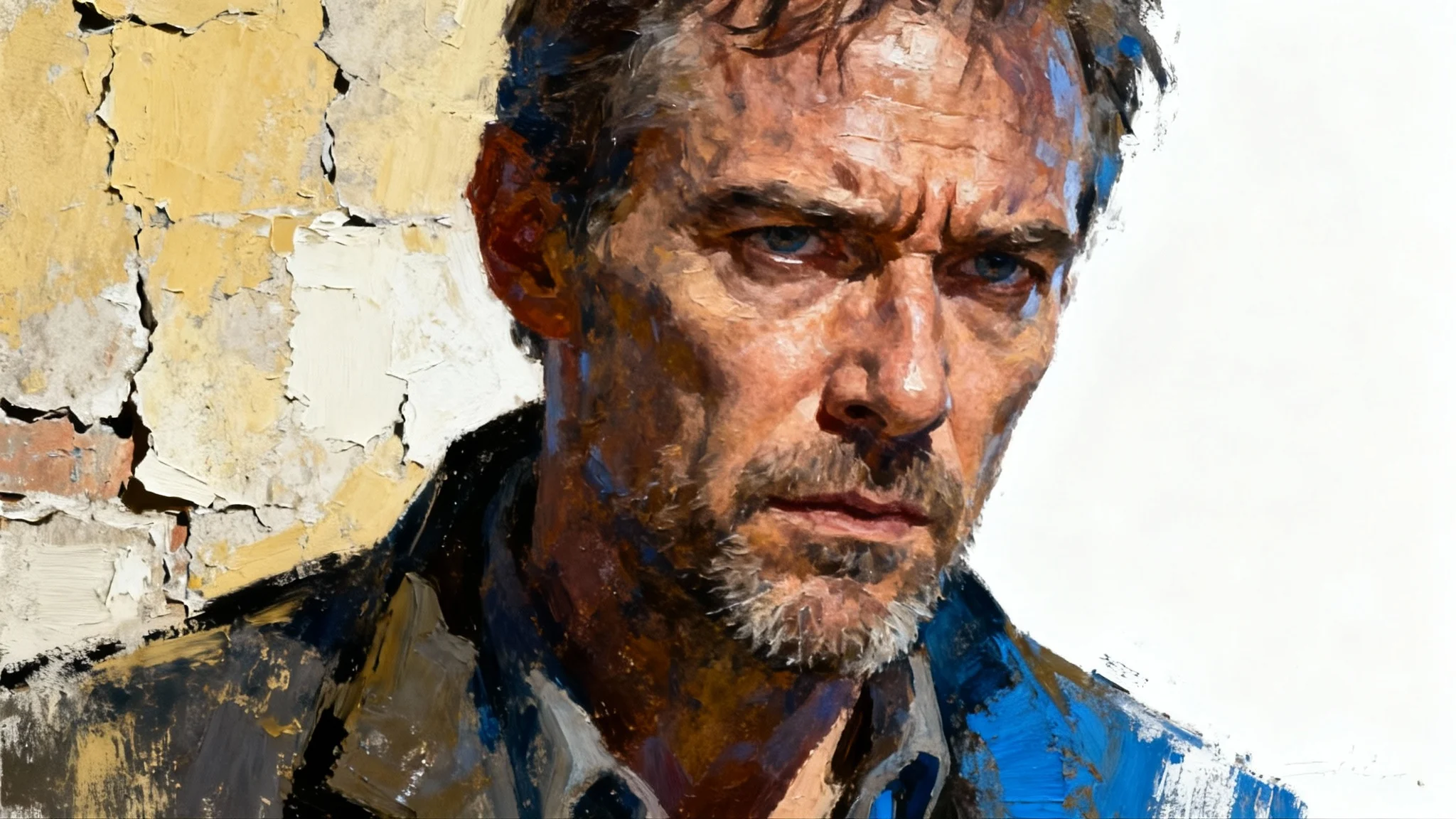 An oil painting in the style of Disco Elysium, featuring a portrait of a weary detective against a textured, abstract background, isolated on a white background.