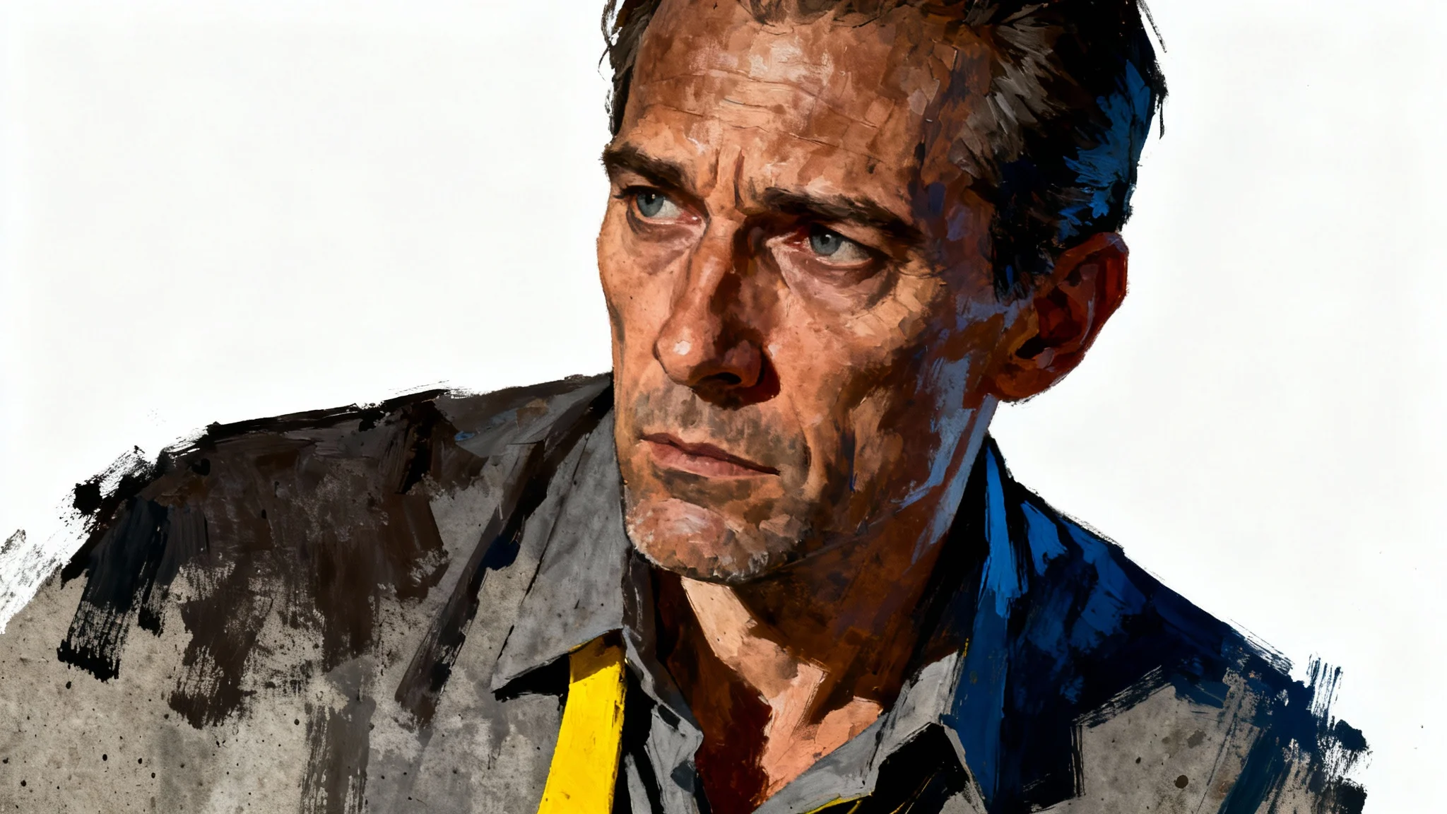 A character portrait painted in the gritty, impressionistic oil-painting style of the video game Disco Elysium, featuring a weary man against a dark, textured background, all isolated on a white backdrop.