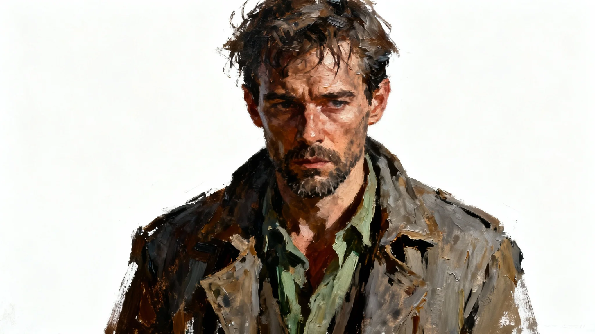 A character portrait of a detective painted in the gritty, expressionistic style of the video game Disco Elysium, set against a plain white background.