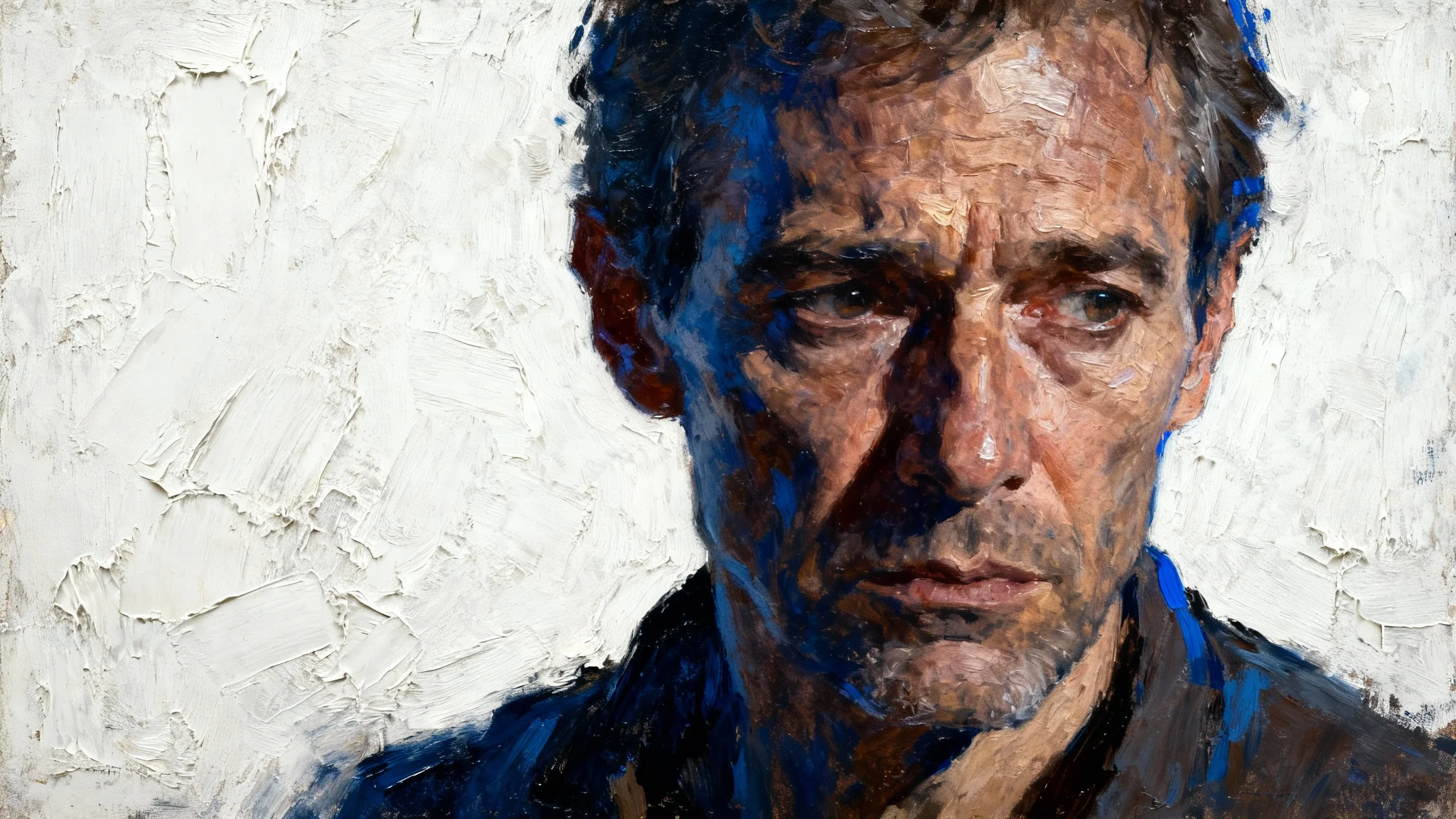 A character portrait in a gritty, impressionistic oil painting style, featuring a weary-looking man with messy hair against a plain white background, evoking the mood of Disco Elysium.