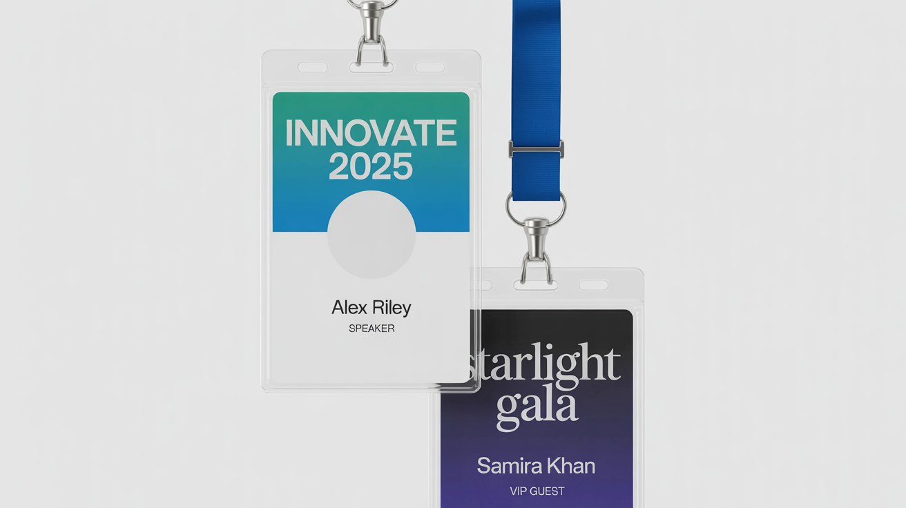 A photorealistic hero image showing two professionally designed lanyard badges for events, one for a tech conference and one for a gala, demonstrating different design styles.