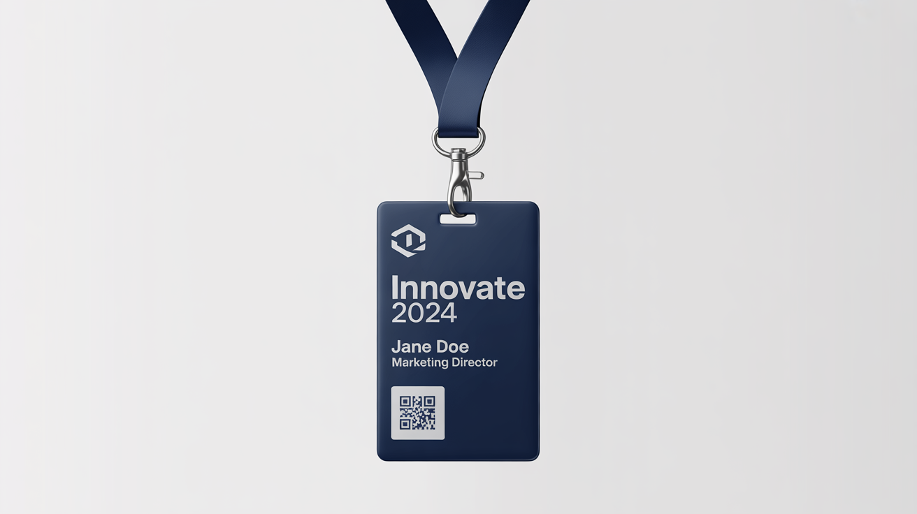 A professional mockup of a navy blue lanyard with a silver clip holding a vertical ID badge for the 'INNOVATE 2024' conference, displayed on a white background.