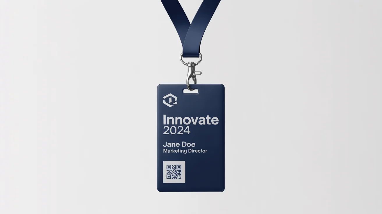 A professional mockup of a navy blue lanyard with a silver clip holding a vertical ID badge for the 'INNOVATE 2024' conference, displayed on a white background.