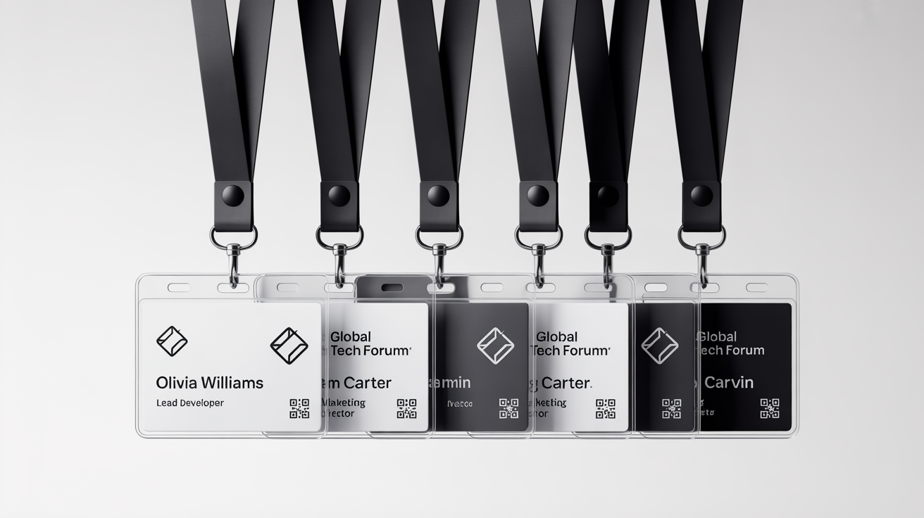 A professional mockup of several corporate event lanyard badges with black lanyards, displayed against a white background. The badges feature fictional names and the event title 'GLOBAL TECH FORUM'.