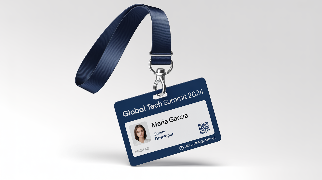A professional corporate lanyard in dark blue with an attached ID badge for the 'GLOBAL TECH SUMMIT 2024', featuring the name 'MARIA GARCIA' and the company 'NEXUS INNOVATIONS', displayed in a mockup style on a white background.
