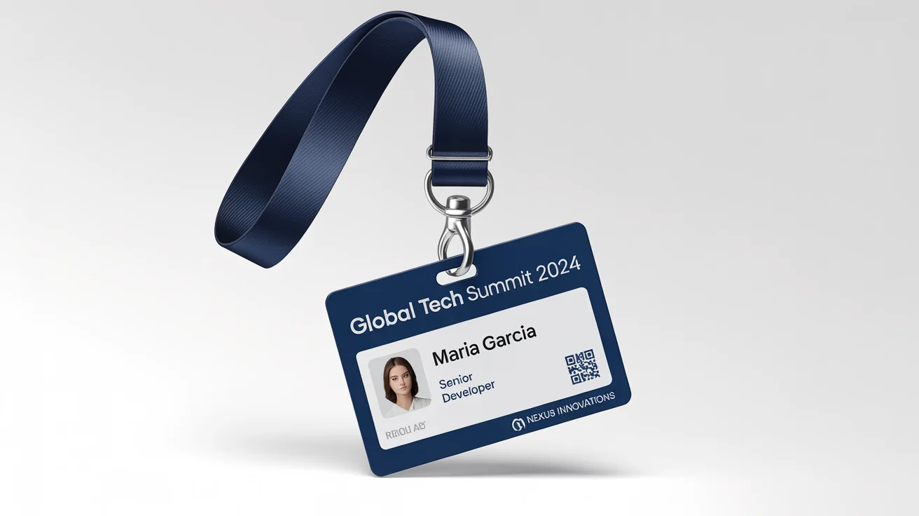 A professional corporate lanyard in dark blue with an attached ID badge for the 'GLOBAL TECH SUMMIT 2024', featuring the name 'MARIA GARCIA' and the company 'NEXUS INNOVATIONS', displayed in a mockup style on a white background.