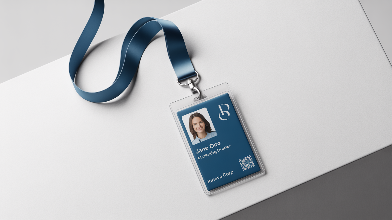 A professional mockup of a dark blue lanyard and a corporate ID badge for an employee named Jane Doe at Innova Corp, displayed on a clean white background.