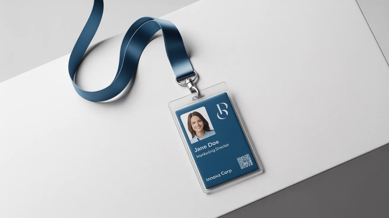 A professional mockup of a dark blue lanyard and a corporate ID badge for an employee named Jane Doe at Innova Corp, displayed on a clean white background.