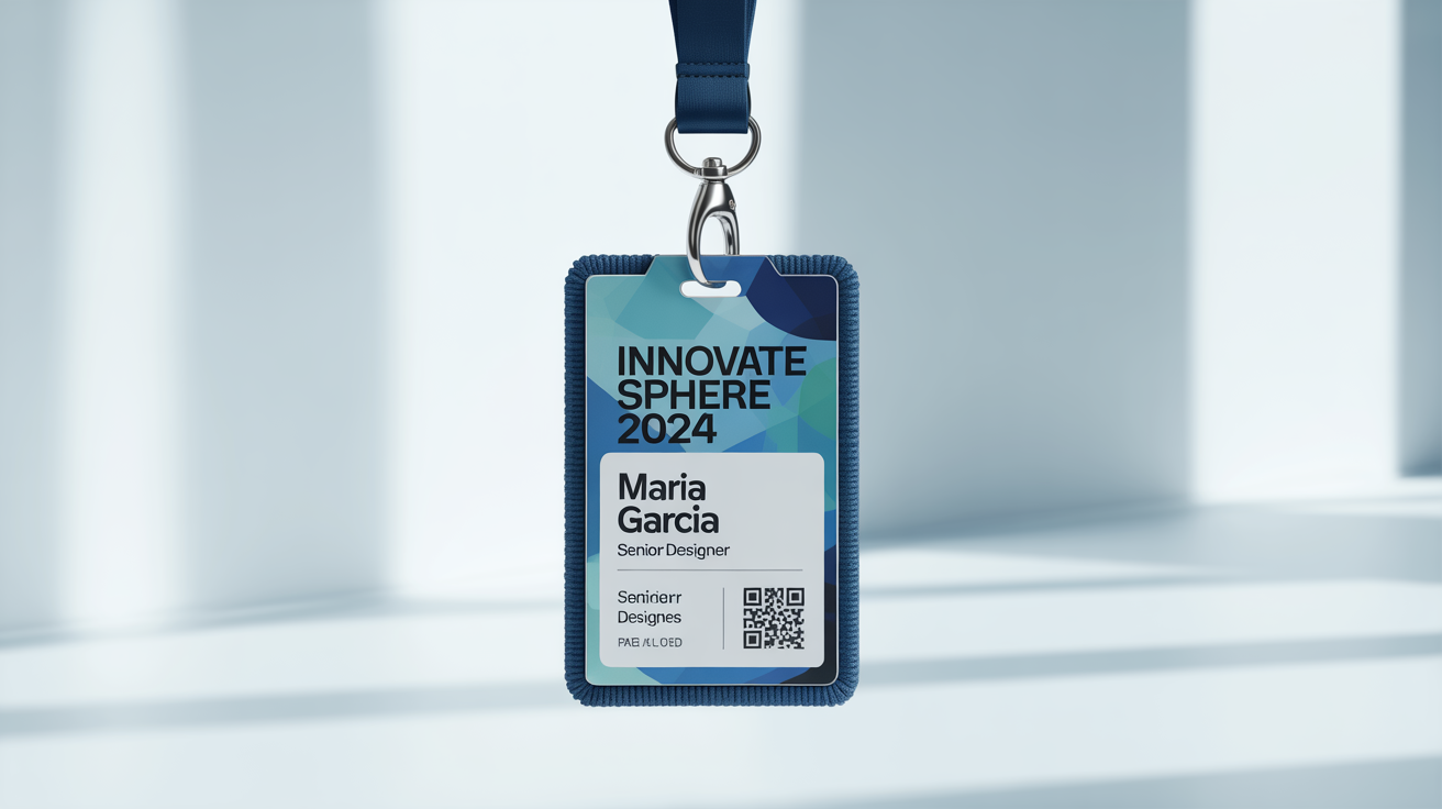 A close-up shot of a professional lanyard and ID badge for the 'InnovateSphere 2024' event, featuring the name 'Maria Garcia' and a modern design, set against a clean white background.