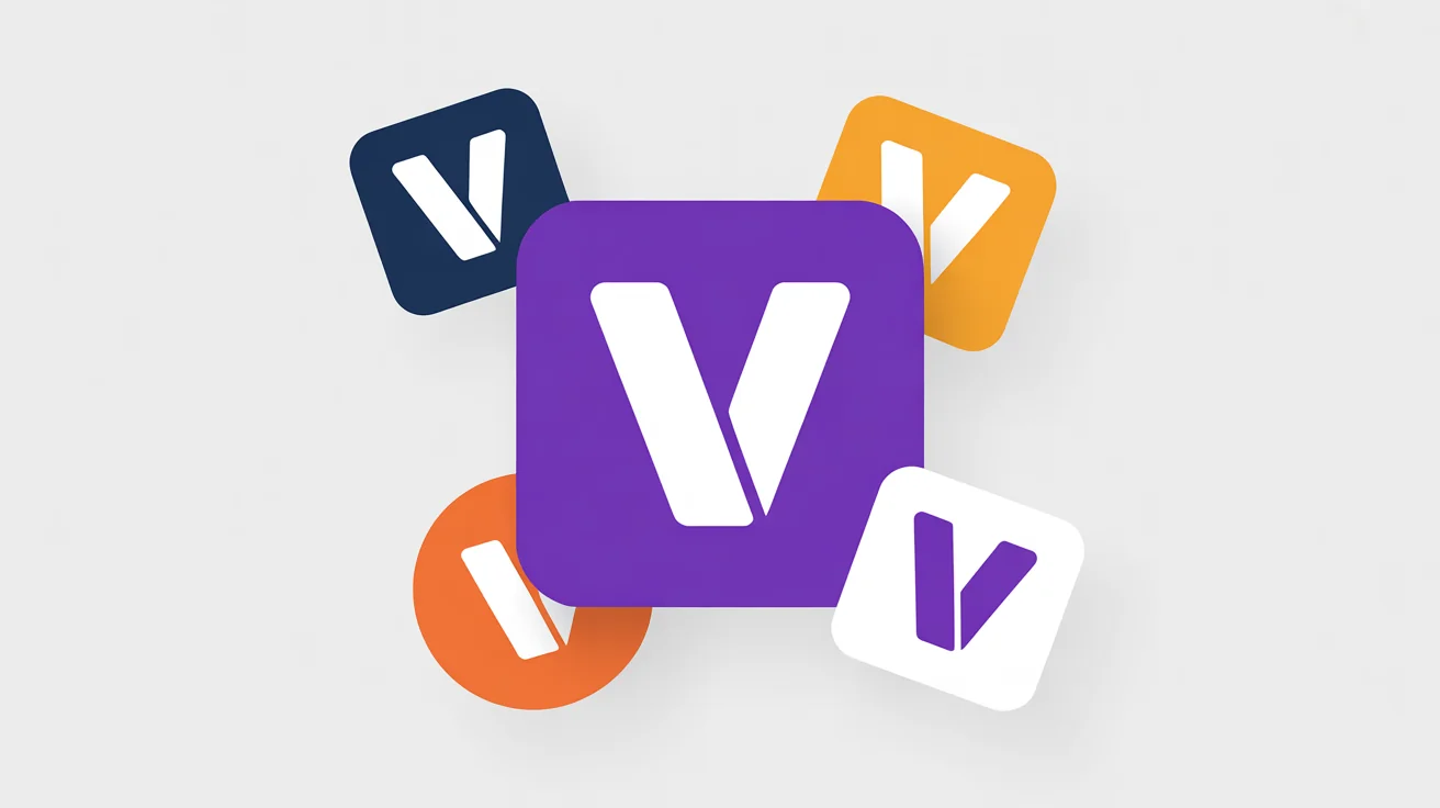 A central purple square favicon with the letter 'V' is surrounded by smaller variations in different colors and shapes, representing the options available when changing a website's favicon.