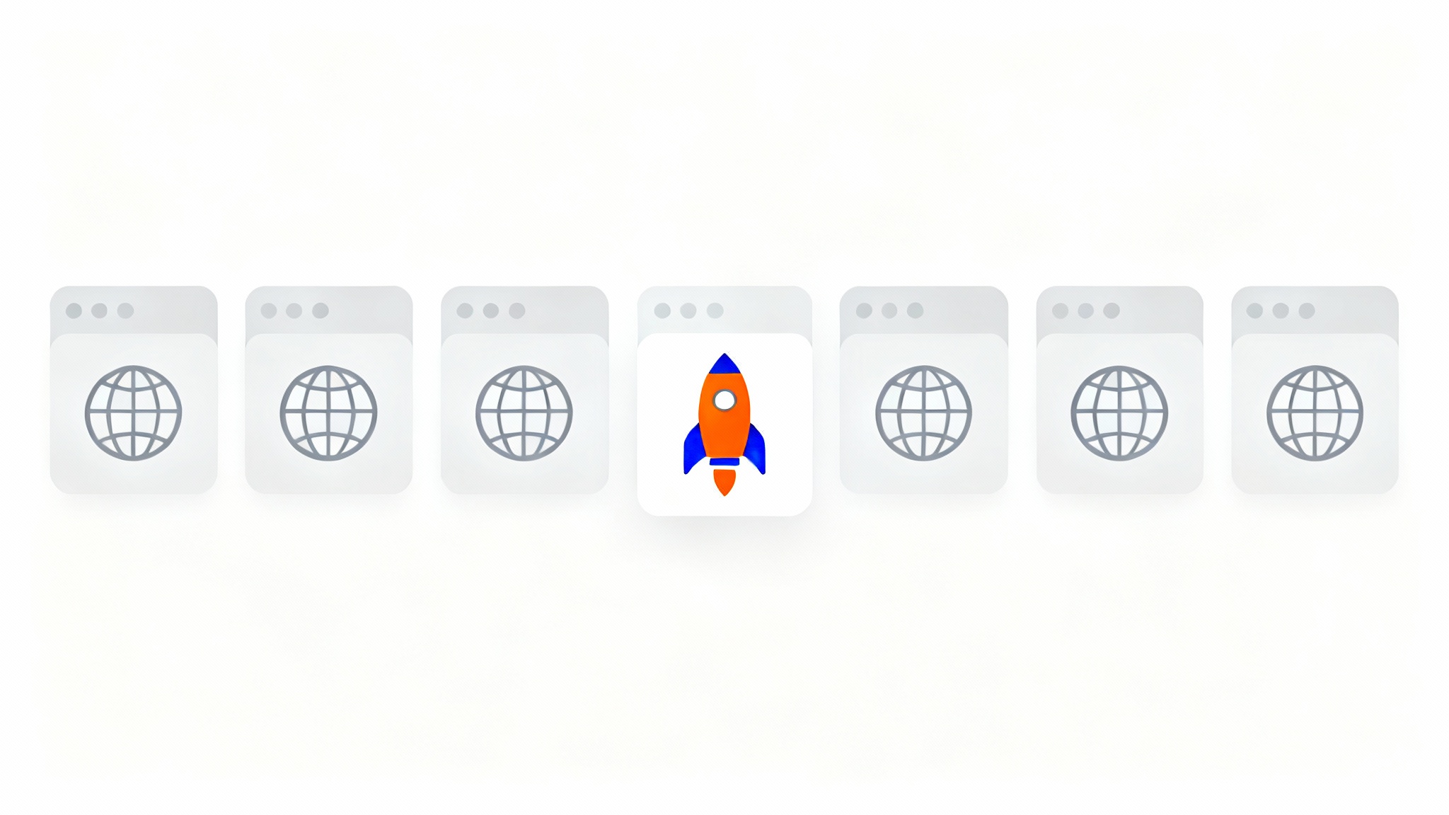 A row of minimalist browser tabs, where one tab features a colorful rocket ship favicon, making it stand out from the other generic tabs.