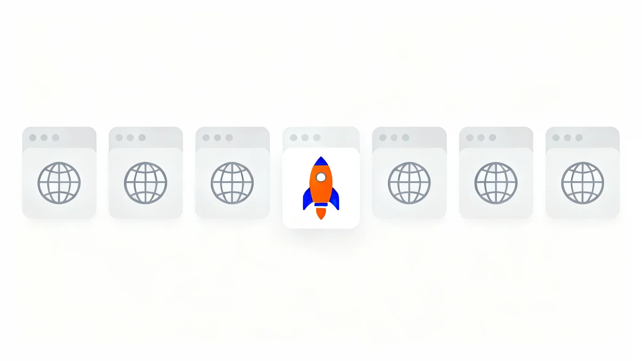 A row of minimalist browser tabs, where one tab features a colorful rocket ship favicon, making it stand out from the other generic tabs.