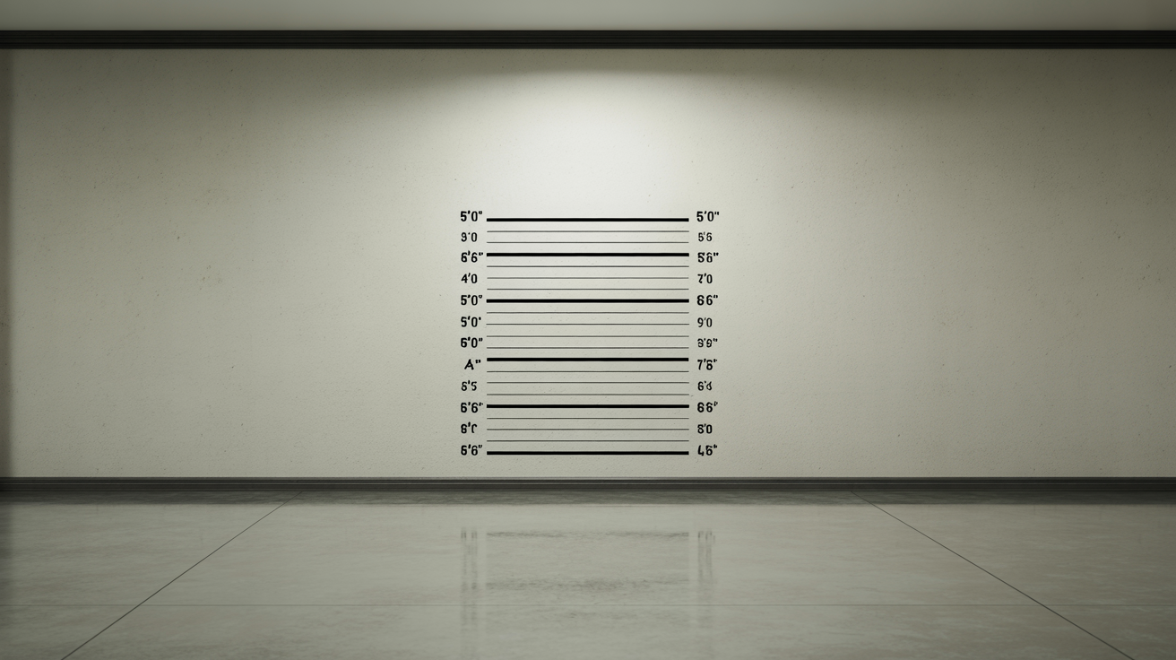 A photorealistic image of an empty police lineup background, featuring a concrete wall with a stenciled height measurement chart ready for use.