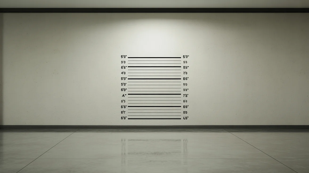 A photorealistic image of an empty police lineup background, featuring a concrete wall with a stenciled height measurement chart ready for use.