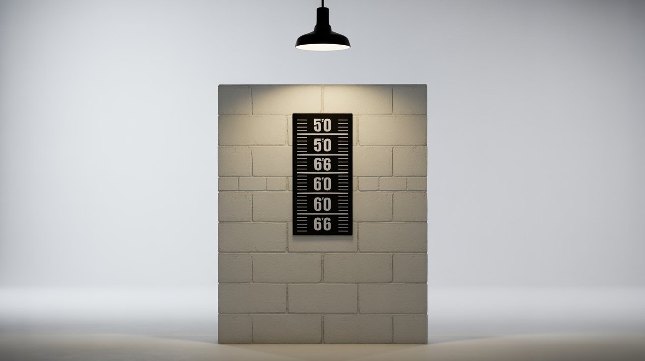 A photorealistic mockup of a police lineup background, featuring a height chart with feet and inches on a cinder block wall under harsh lighting, isolated on a white background.