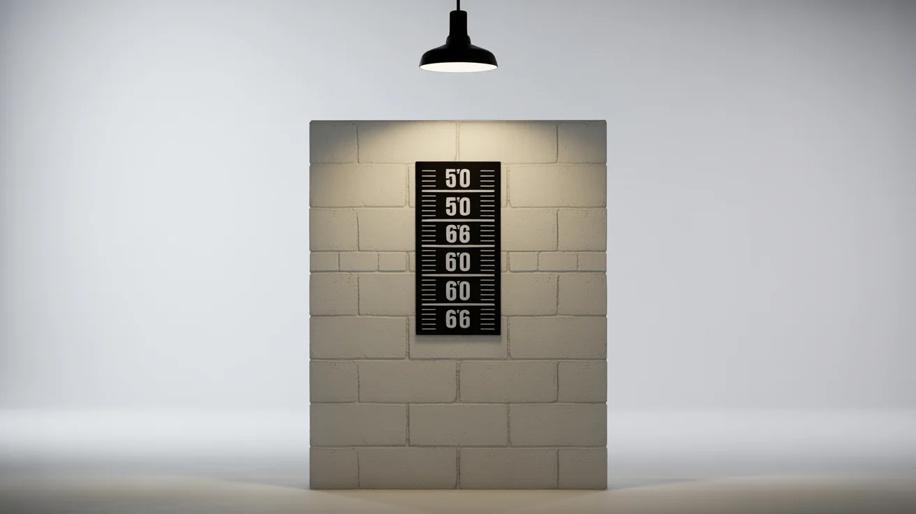 A photorealistic mockup of a police lineup background, featuring a height chart with feet and inches on a cinder block wall under harsh lighting, isolated on a white background.