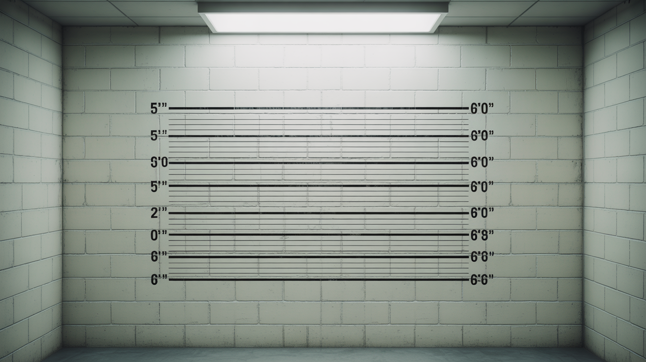 An empty police lineup background with a height chart marked in feet and inches on a cinder block wall.