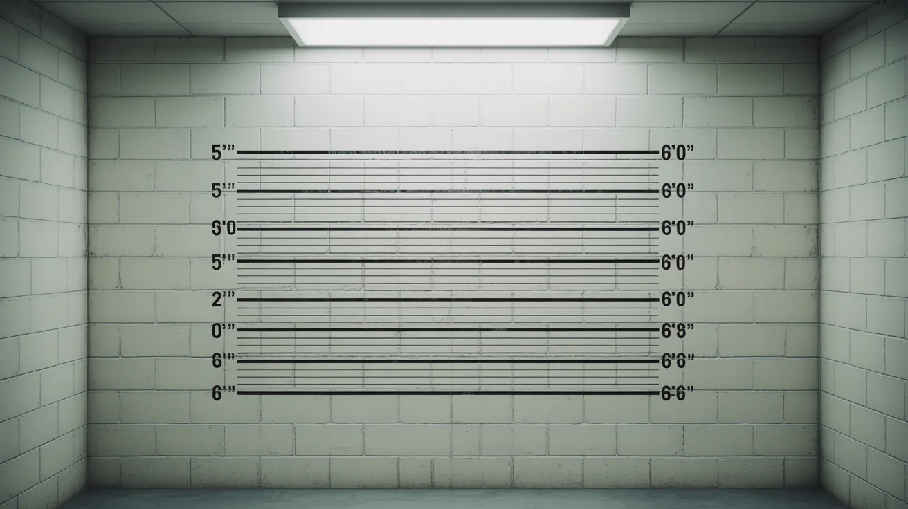 An empty police lineup background with a height chart marked in feet and inches on a cinder block wall.