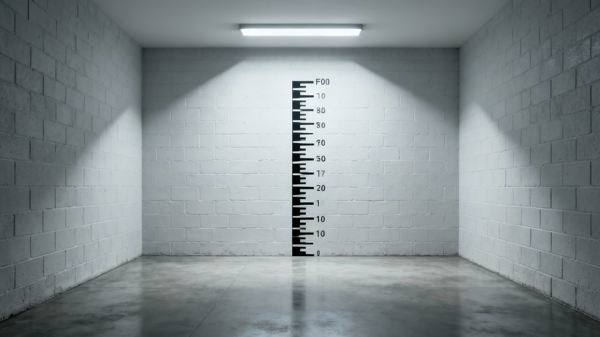 A photorealistic image of an empty police lineup room, featuring a height chart on a cinder block wall under harsh, direct lighting.