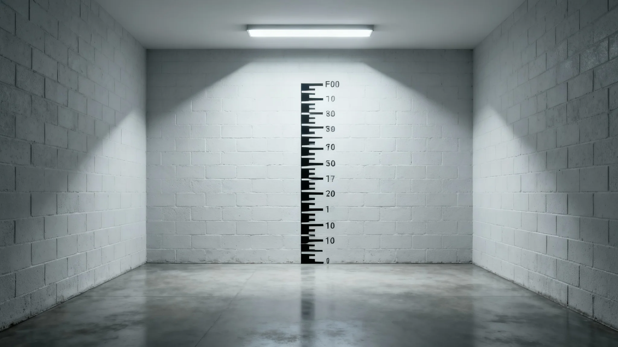 A photorealistic image of an empty police lineup room, featuring a height chart on a cinder block wall under harsh, direct lighting.
