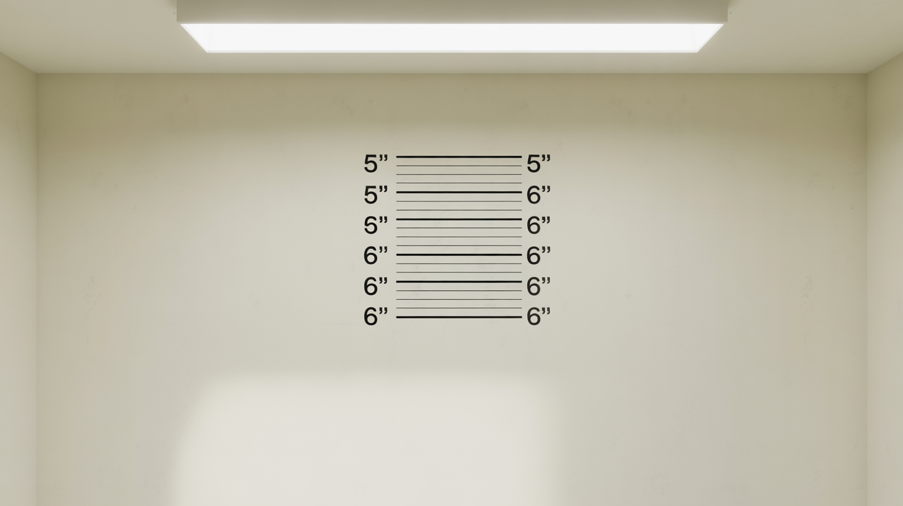 A photorealistic mockup of an empty police lineup background, featuring a height chart with clear markings on a stark, off-white wall under bright, even lighting.