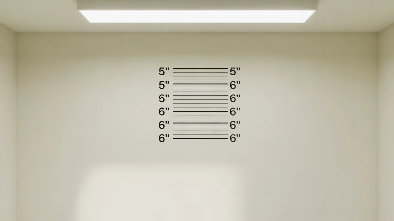 A photorealistic mockup of an empty police lineup background, featuring a height chart with clear markings on a stark, off-white wall under bright, even lighting.