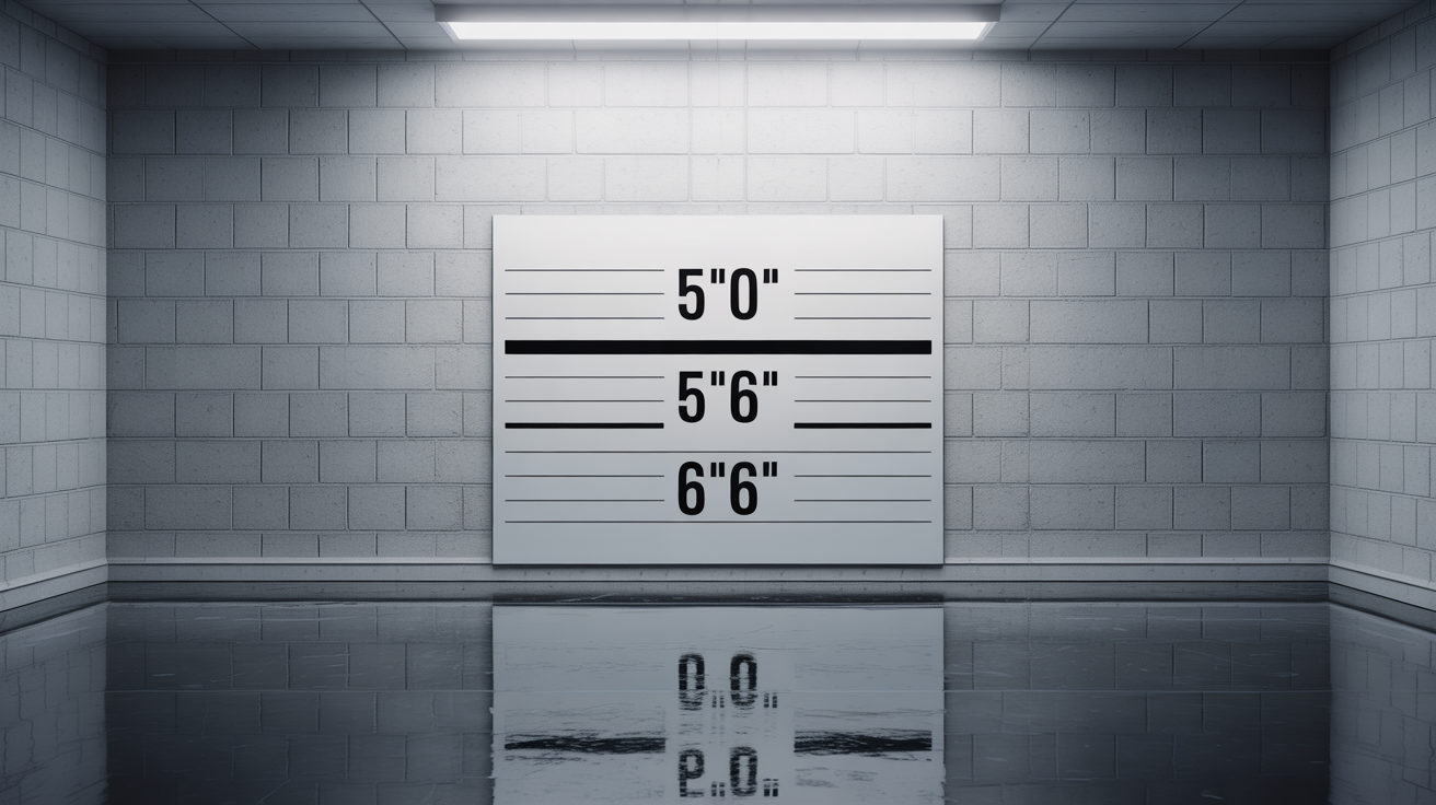 A photorealistic image of an empty police lineup background, featuring a height chart on a grey cinder block wall under harsh lighting.