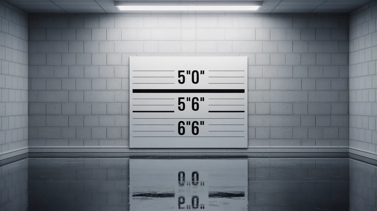 A photorealistic image of an empty police lineup background, featuring a height chart on a grey cinder block wall under harsh lighting.