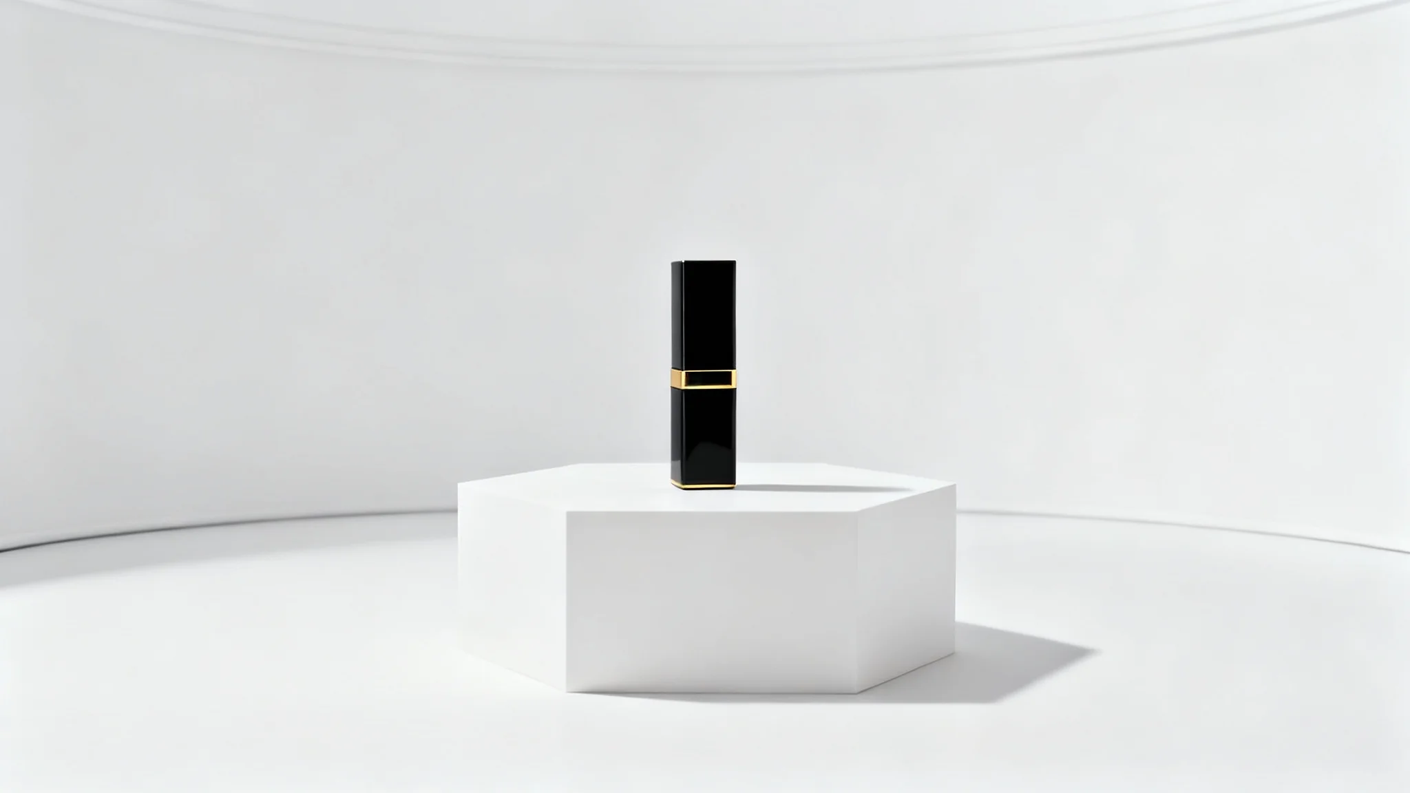 A photorealistic mockup of a luxury lipstick tube standing on a white pedestal against a stark white background, representing a premium product display.