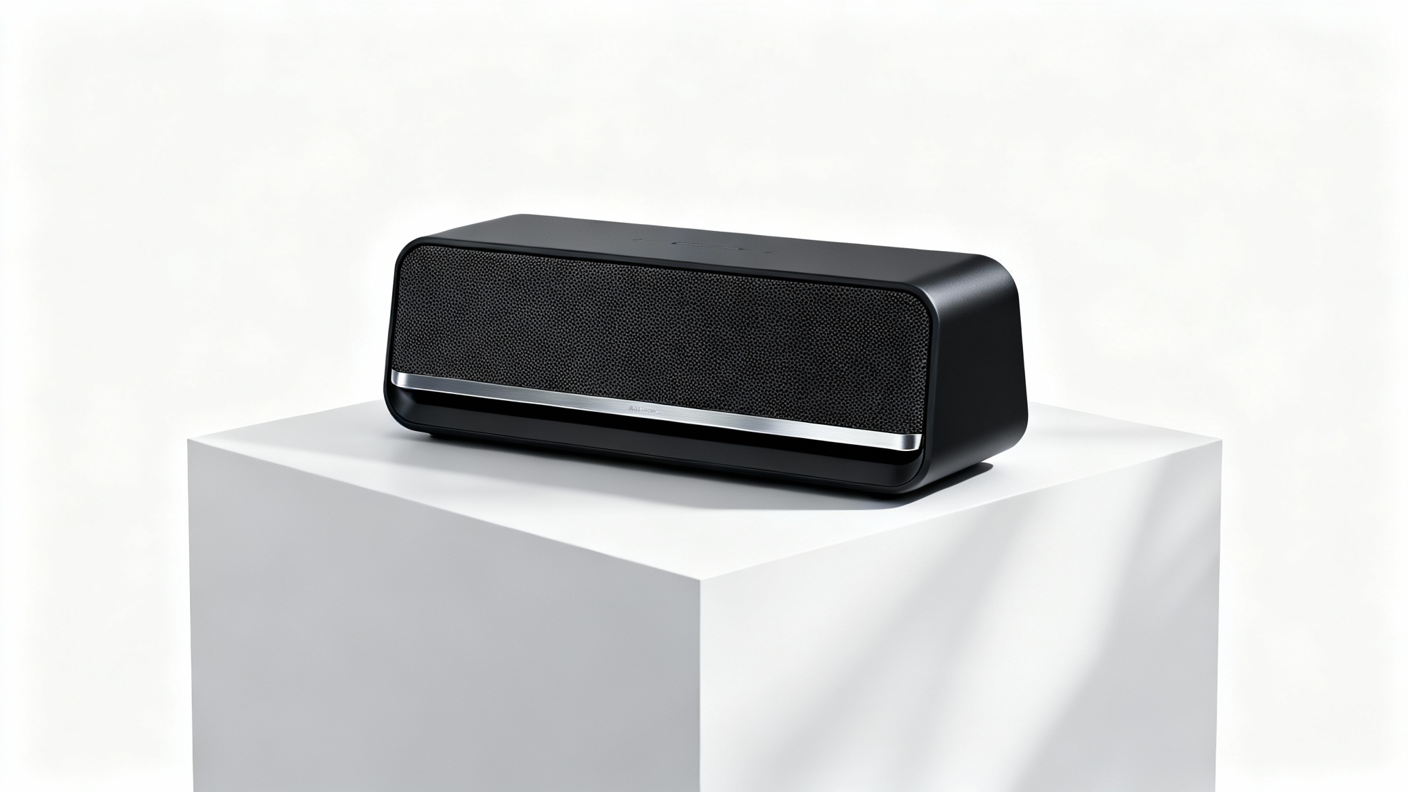 A modern, matte black wireless speaker displayed on a simple white cubic pedestal against a clean white background, illustrating a premium product showcase.