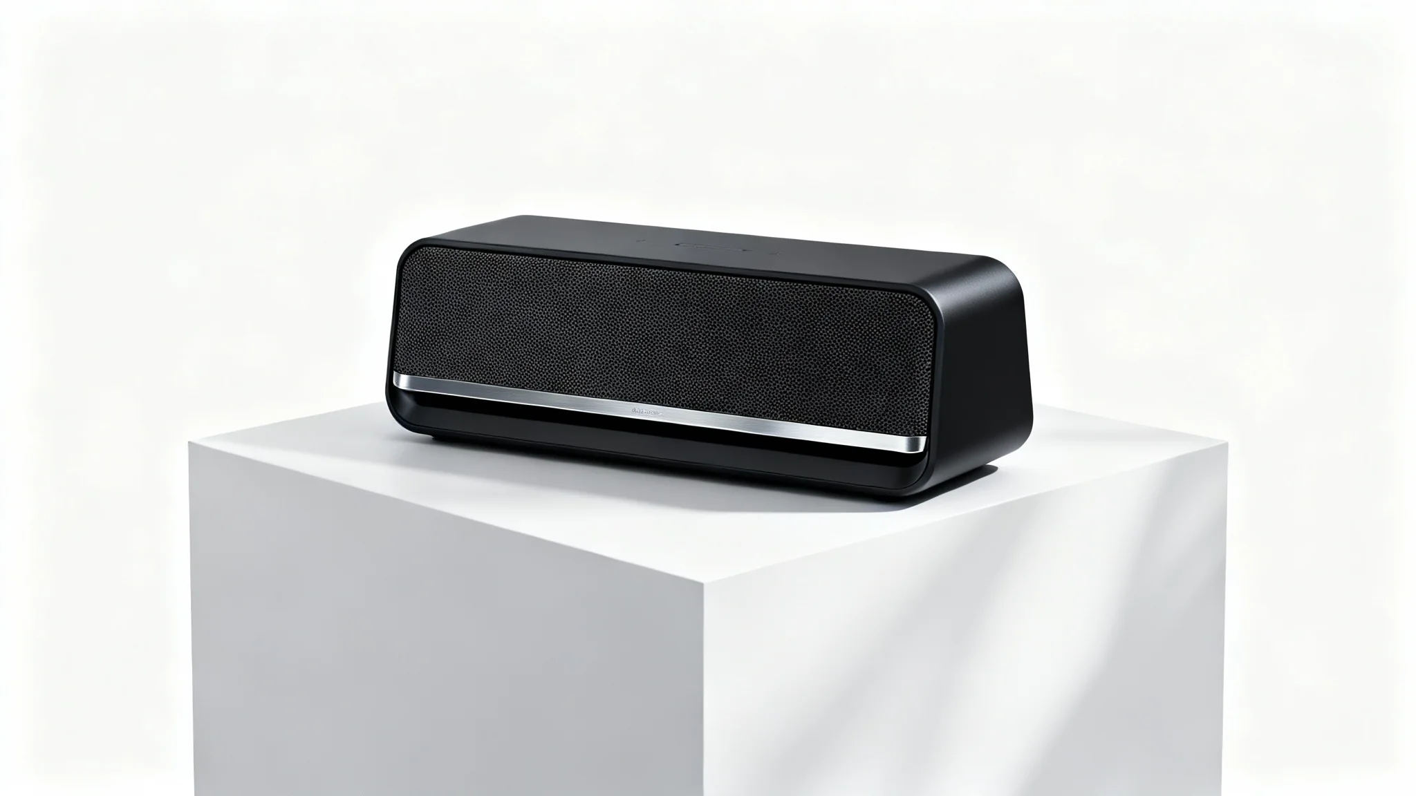 A modern, matte black wireless speaker displayed on a simple white cubic pedestal against a clean white background, illustrating a premium product showcase.