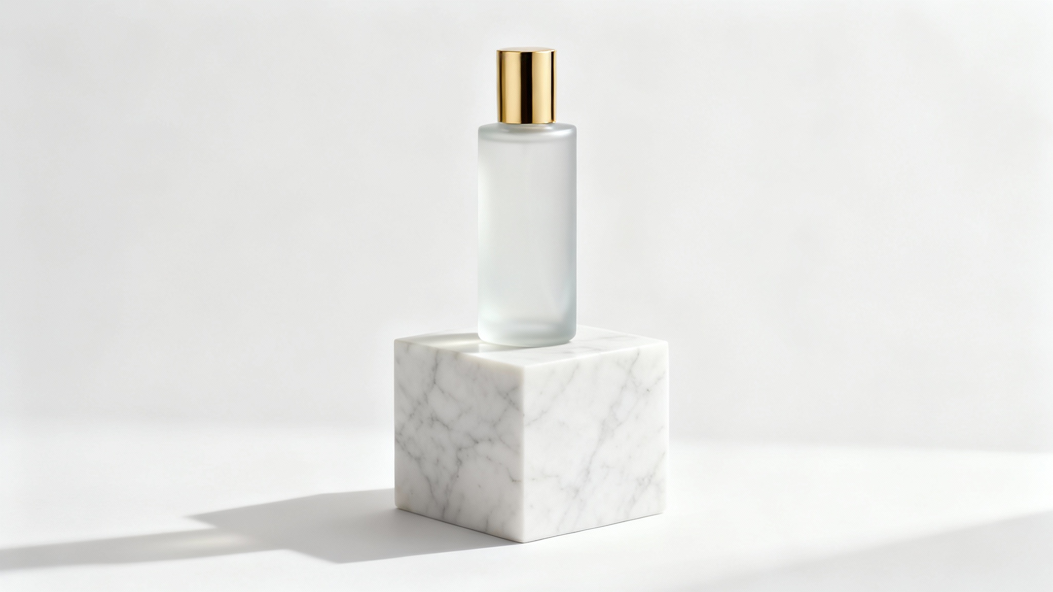 A single, elegant cosmetic bottle with a gold cap sits on a white marble block pedestal against a stark white background, showcasing a minimalist product display.