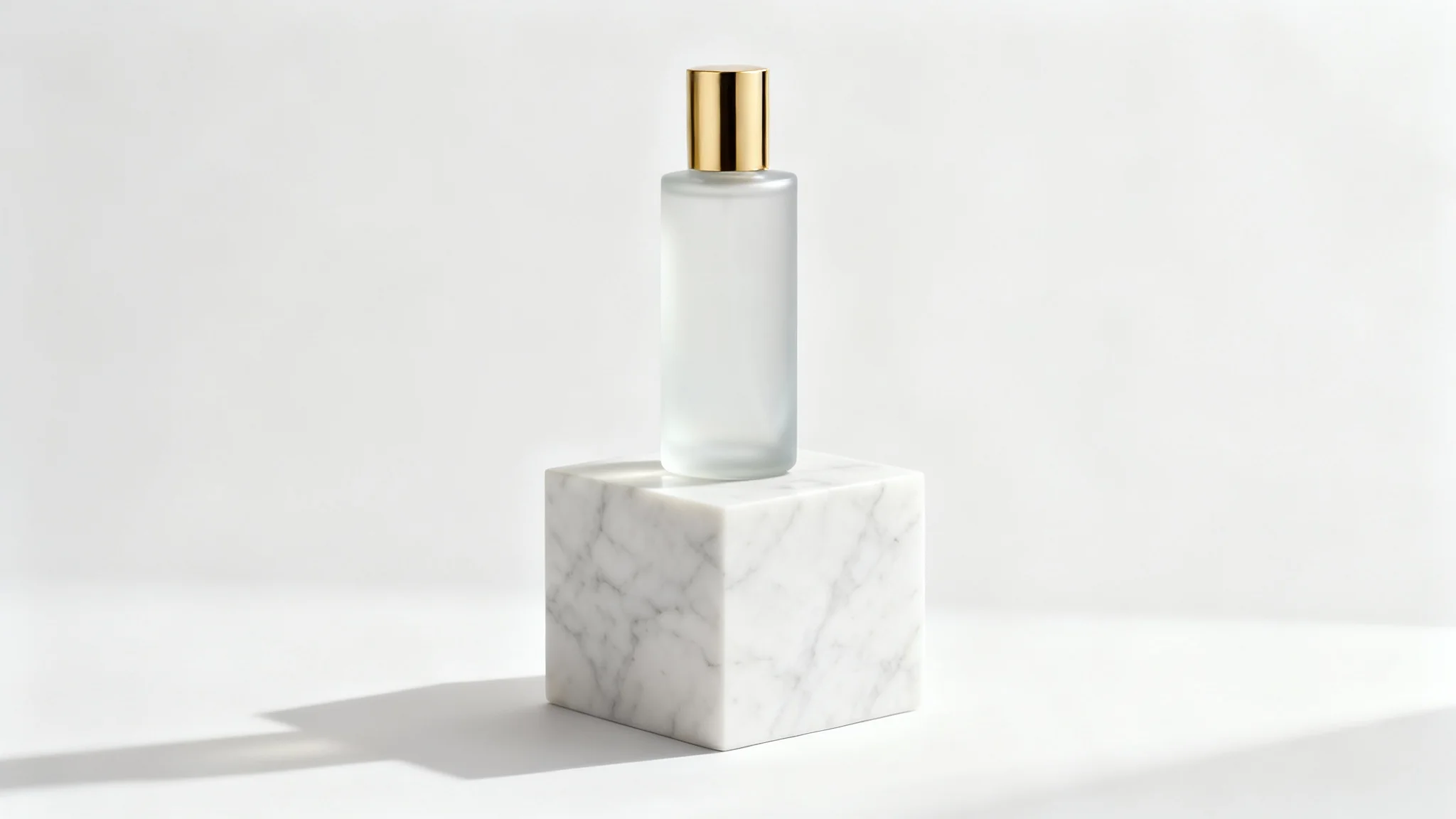 A single, elegant cosmetic bottle with a gold cap sits on a white marble block pedestal against a stark white background, showcasing a minimalist product display.