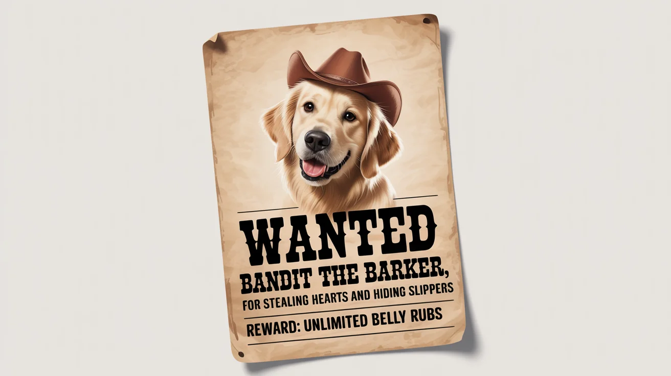A fun, old-west style wanted poster mockup against a white background. The poster features a photo of a smiling golden retriever in a cowboy hat and has text that reads 'WANTED, BANDIT THE BARKER, FOR STEALING HEARTS AND HIDING SLIPPERS, REWARD: UNLIMITED BELLY RUBS'.