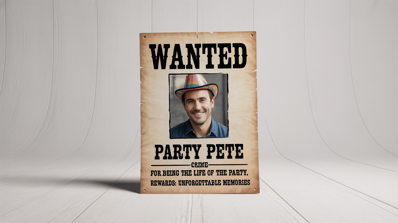 A fun, personalized wanted poster mockup on a white background. The vintage-style poster features a photo of a smiling man and has legible text that reads 'WANTED', 'PARTY PETE', and 'FOR BEING THE LIFE OF THE PARTY'.
