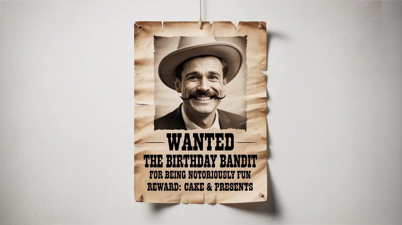 A vintage-style wanted poster for a birthday party, featuring a man in a party hat and text that reads 'WANTED, THE BIRTHDAY BANDIT, REWARD: CAKE & PRESENTS'.