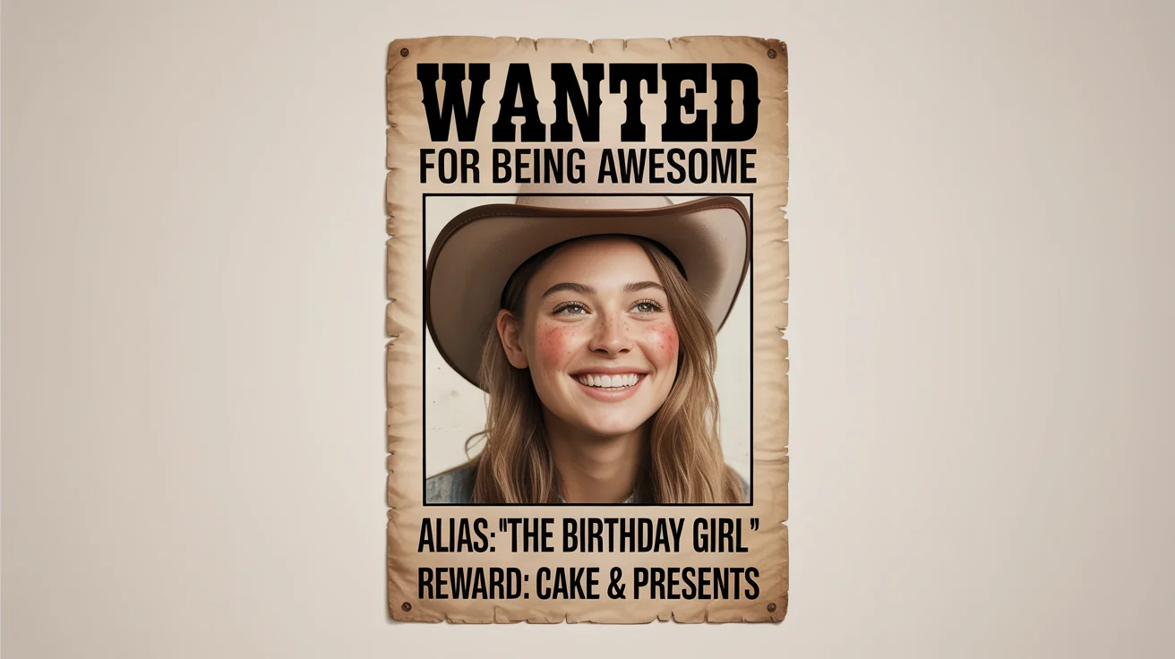 A fun, vintage-style wanted poster mockup celebrating 'The Birthday Girl', with a reward of cake and presents, on a white background.