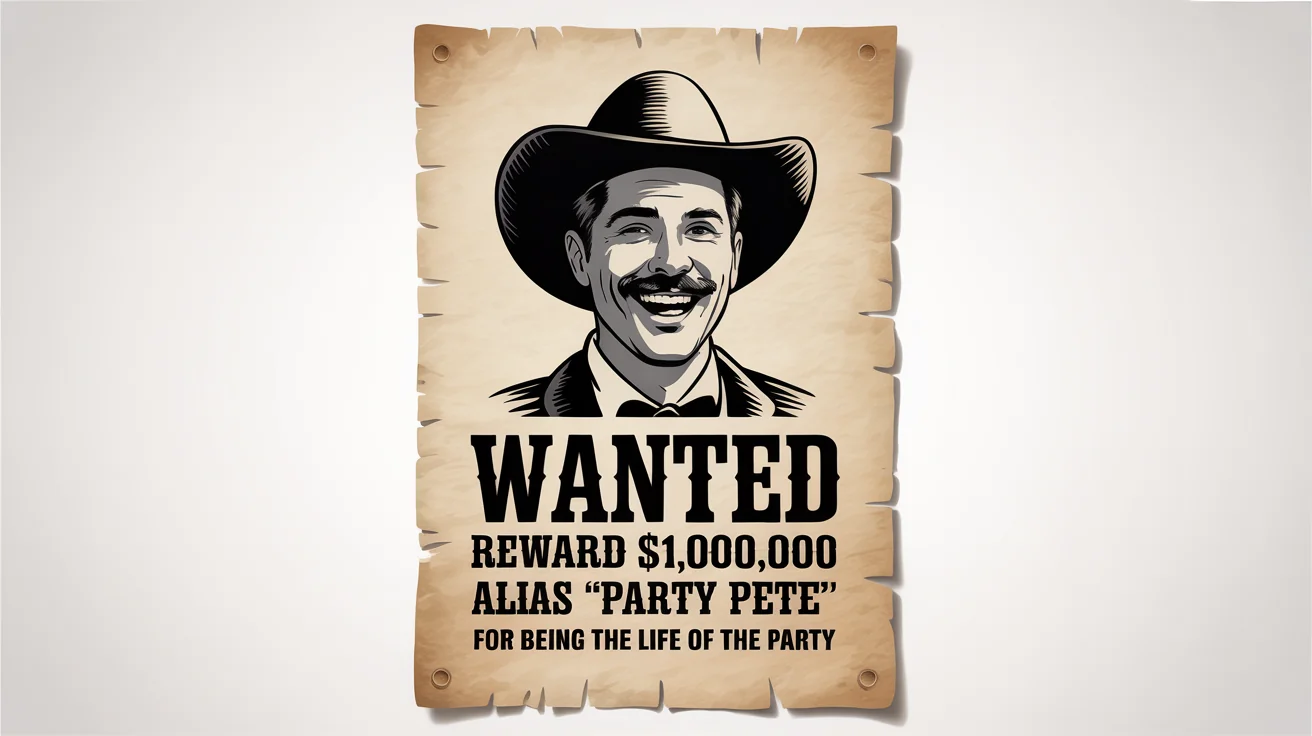 A fun, vintage-style wanted poster mockup on a white background. It features a photo of a smiling man in a cowboy hat and humorous text like 'WANTED', 'ALIAS "PARTY PETE"', and 'FOR BEING THE LIFE OF THE PARTY'.