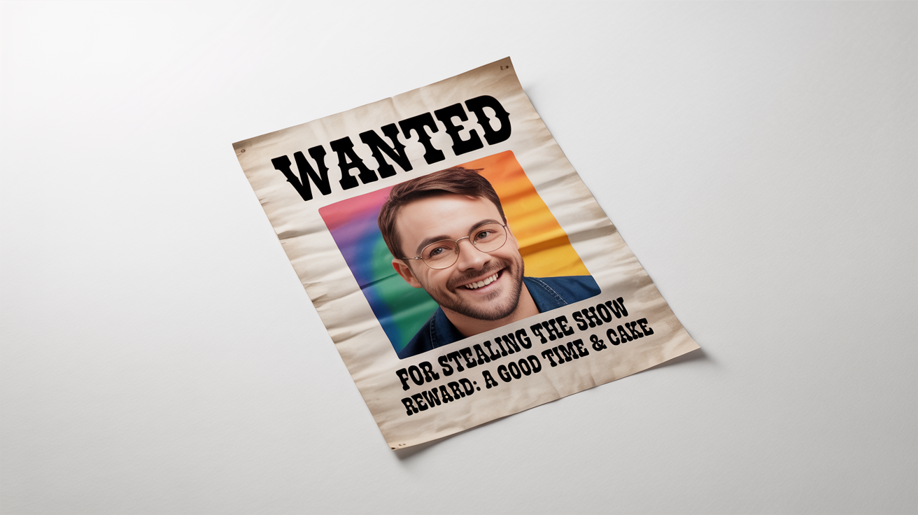 A fun wanted poster mockup on a white background, featuring a photo of a smiling man with glasses and text that reads 'WANTED for stealing the show'.