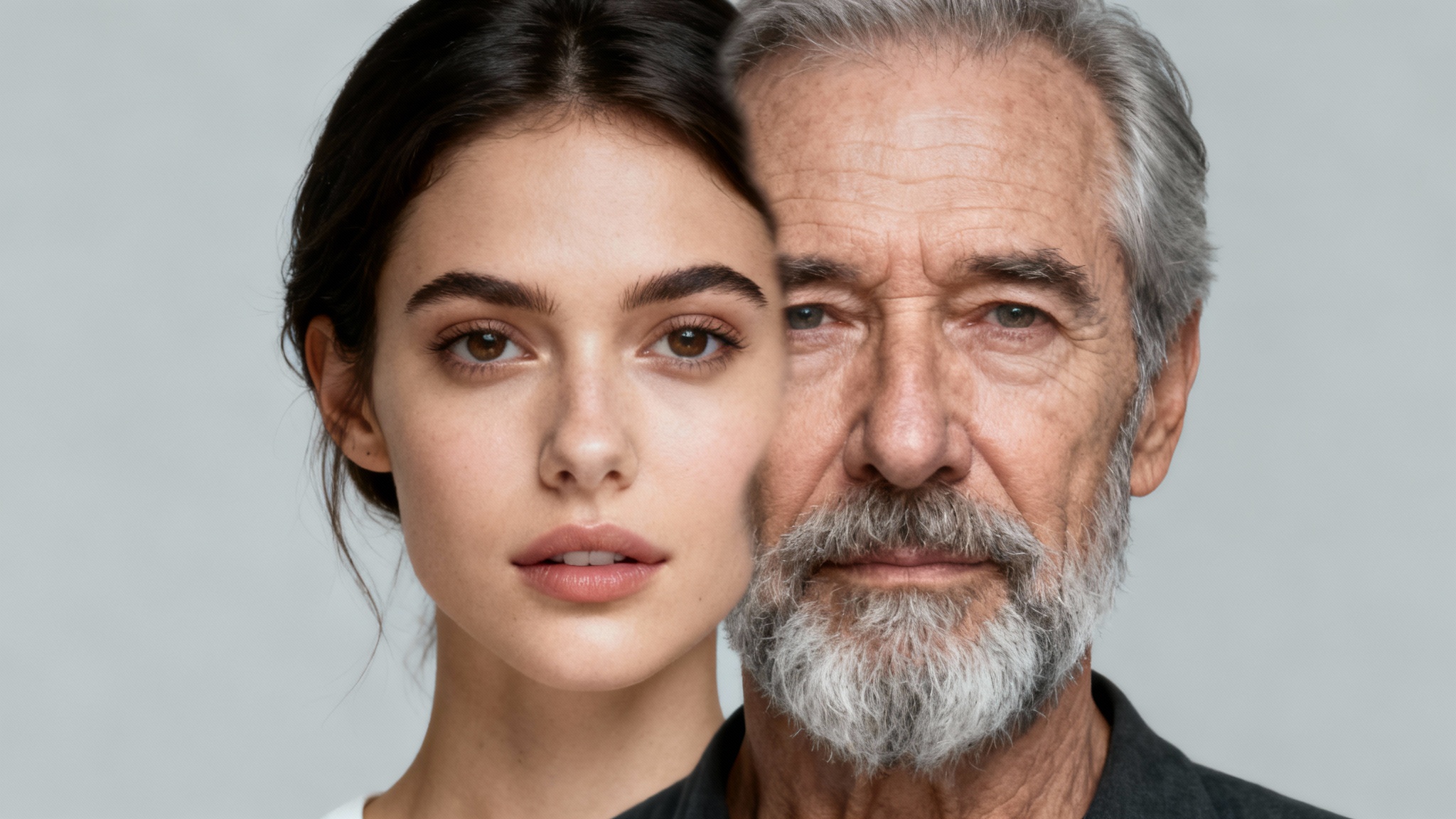 A striking image demonstrating a face morph effect, where the face of a young woman on the left seamlessly transitions into the face of an older man on the right, with a blended face in the center.