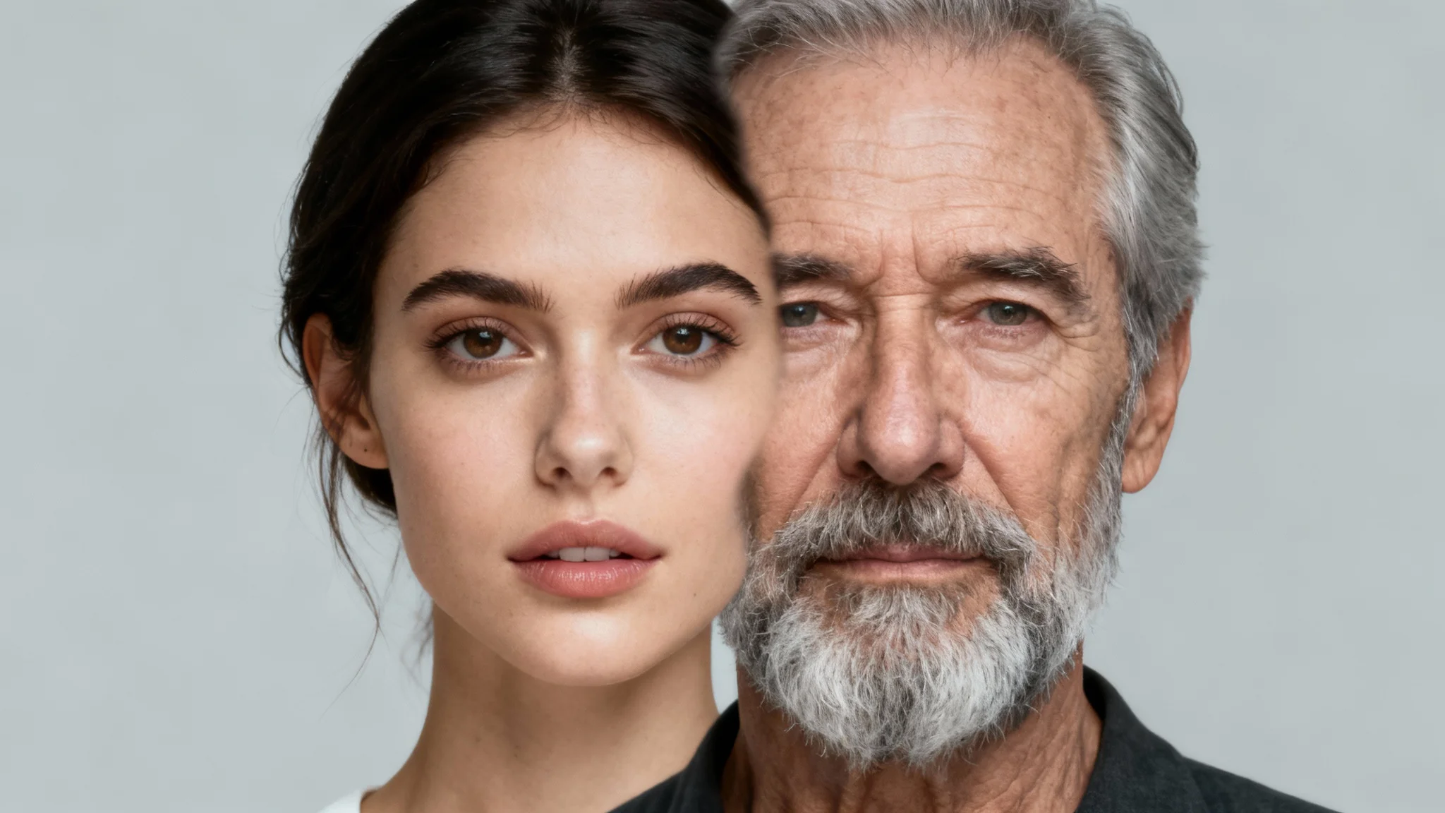 A striking image demonstrating a face morph effect, where the face of a young woman on the left seamlessly transitions into the face of an older man on the right, with a blended face in the center.