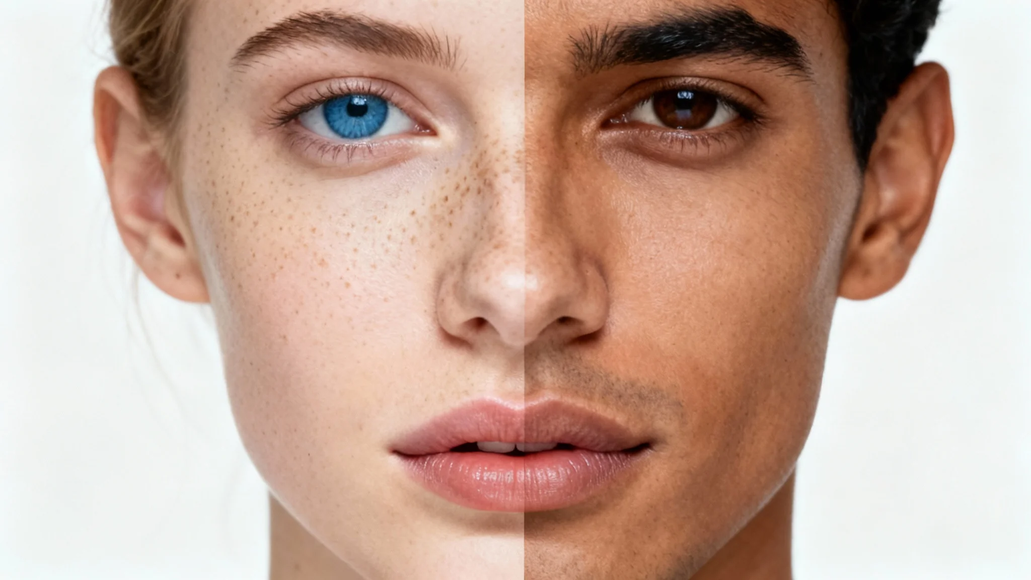 A hyper-realistic image of a face perfectly split and morphed down the middle, combining the features of a young woman on the left and a man on the right, set against a plain white background.