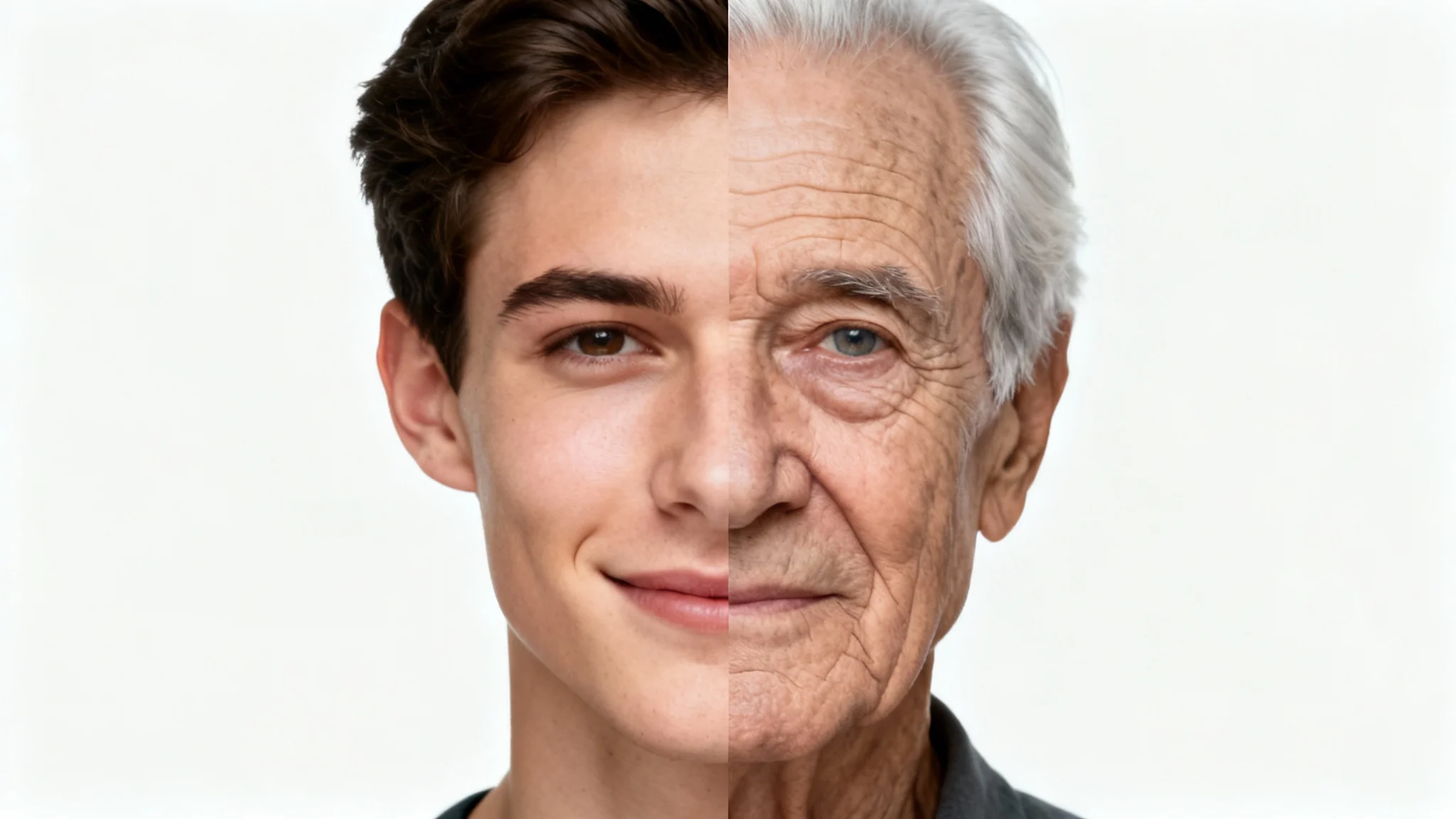 A photorealistic image depicting a face morph, where the left side of the face is a young man and the right side is an elderly man, seamlessly blended together to show the concept of aging.