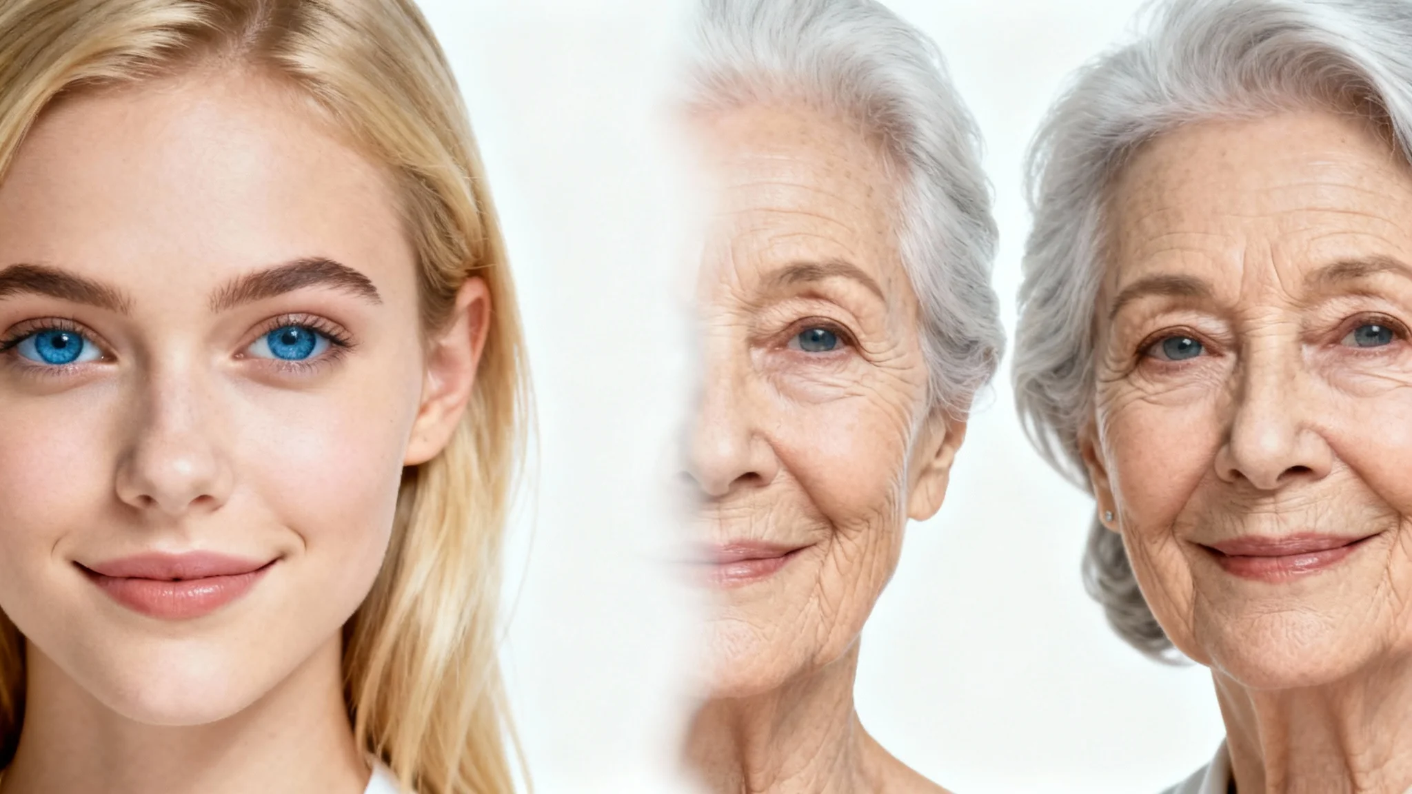 A conceptual image illustrating a face morph from young to old. It shows a young woman's face on the left, an older woman's face on the right, and a seamlessly blended face in the center demonstrating the transformation, all set against a plain white background.