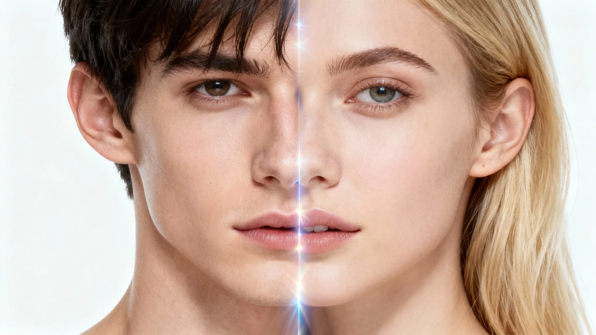 A photorealistic image showing a face morph between a young man on the left and a young woman on the right, blending seamlessly in the center against a white background.