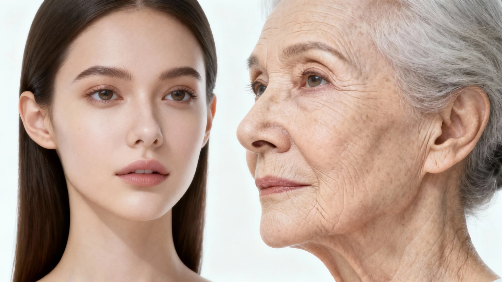 A photorealistic image showing the faces of a young woman and an older woman morphing seamlessly into one another against a white background.