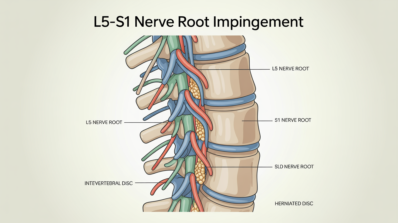 A polished medical infographic showing the L5-S1 nerve root. A central, detailed anatomical illustration of the lumbar spine is labeled and set on a clean background, designed as a final educational slide.